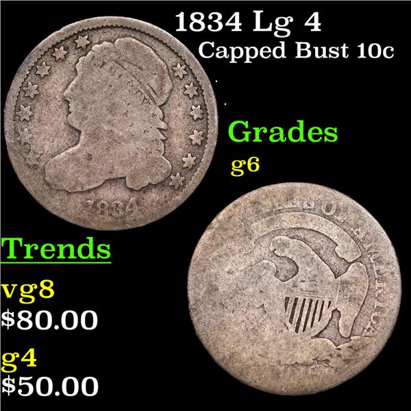 1834 Lg 4 Capped Bust Dime 10c Grades g+