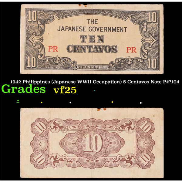 1942 Philippines (Japanese WWII Occupation) 5 Centavos Note P#_104 Grades vf+