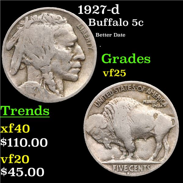 1927-d Buffalo Nickel 5c Grades vf+