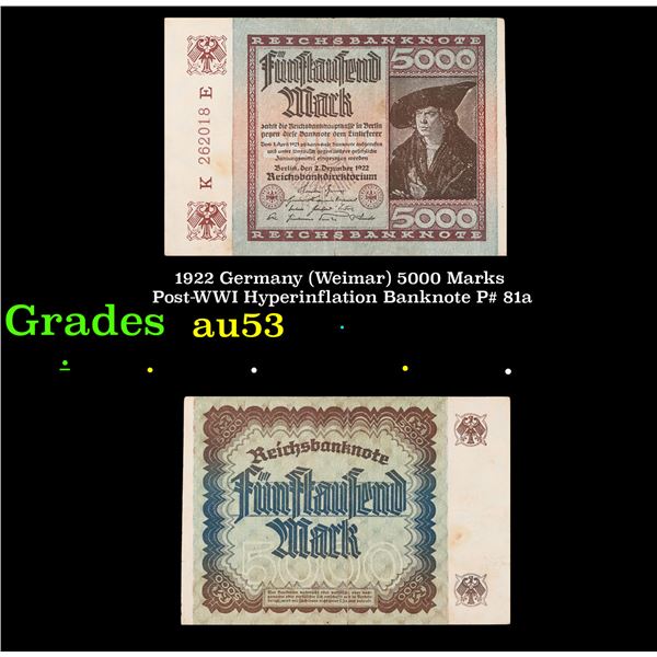 1922 Germany (Weimar) 5000 Marks Post-WWI Hyperinflation Banknote P# 81a Grades Select AU