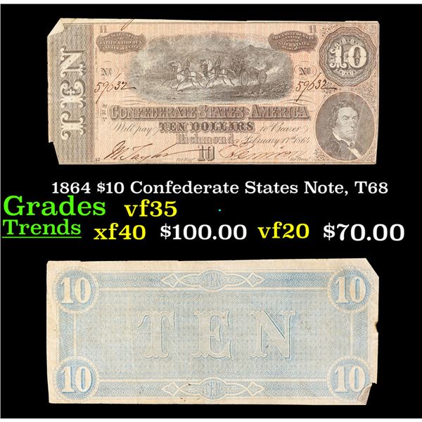 1864 $10 Confederate States Note, T68 Grades vf++