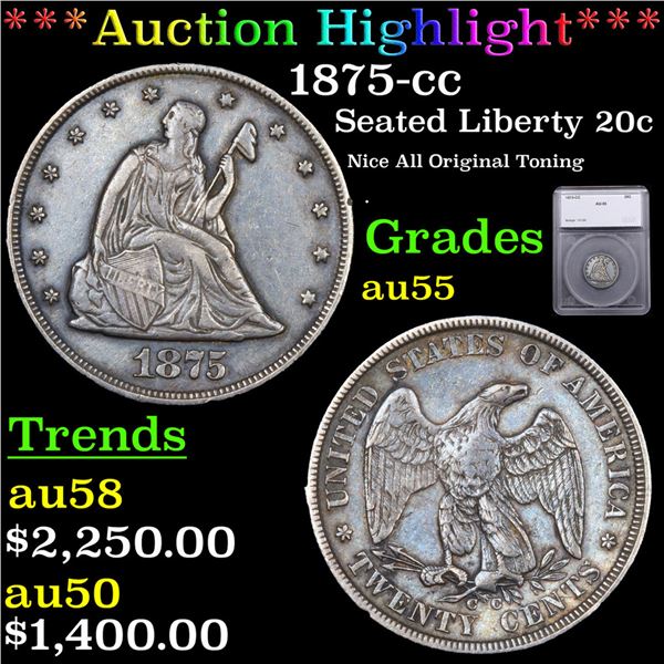 ***Auction Highlight*** 1875-cc Twenty Cent Piece 20c Graded au55 By SEGS (fc)