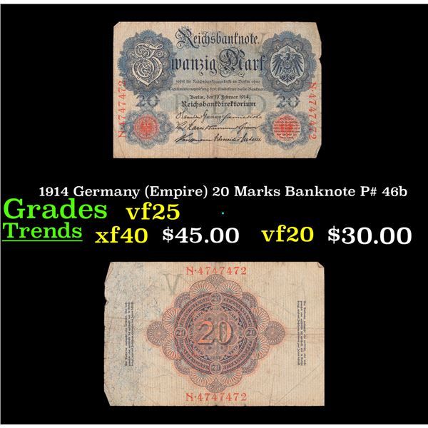 1914 Germany (Empire) 20 Marks Banknote P# 46b Grades vf+