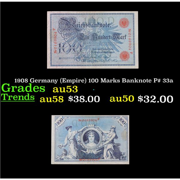 1908 Germany (Empire) 100 Marks Banknote P# 33a Grades Select AU