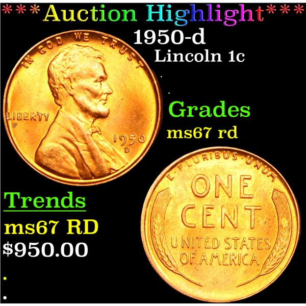 ***Auction Highlight*** 1950-d Lincoln Cent 1c Graded GEM++ Unc RD By USCG (fc)