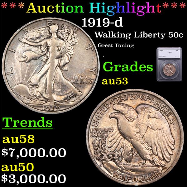 ***Auction Highlight*** 1919-d Walking Liberty Half Dollar 50c Graded au53 By SEGS (fc)
