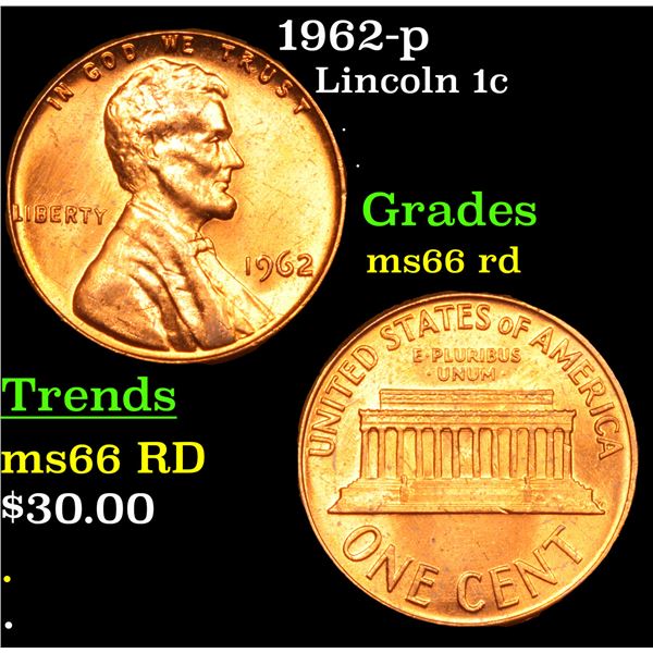 1962-p Lincoln Cent 1c Grades GEM+ Unc RD