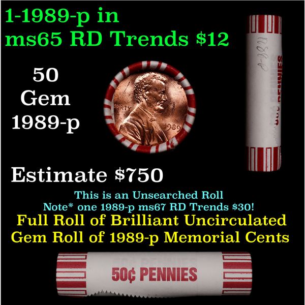 Shotgun Lincoln 1c roll, 1989-p 50 pcs Brandt 50c Wrapper.