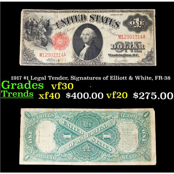 1917 $1 Legal Tender, Signatures of Elliott & White, FR-38 Grades vf++