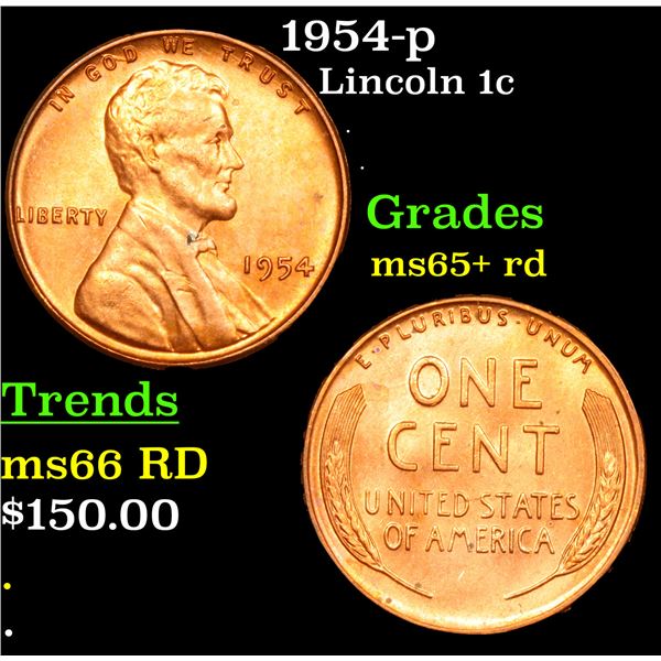 1954-p Lincoln Cent 1c Grades Gem+ Unc RD