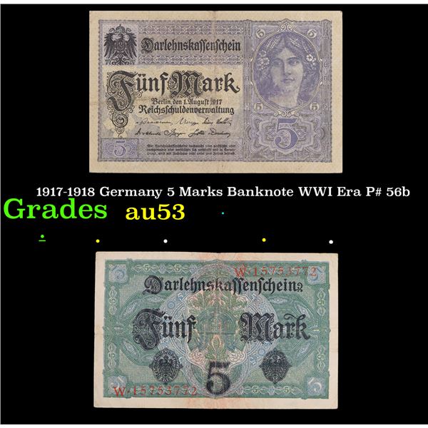 1917-1918 Germany 5 Marks Banknote WWI Era P# 56b Grades Select AU