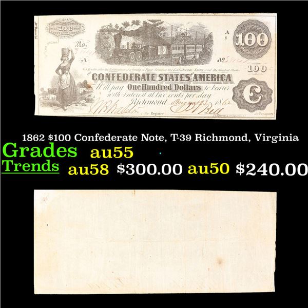1862 $100 Confederate Note, T-39 Richmond, Virginia Grades Choice AU