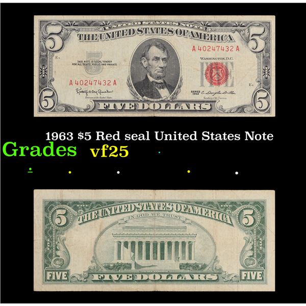 1963 $5 Red seal United States Note Grades vf+