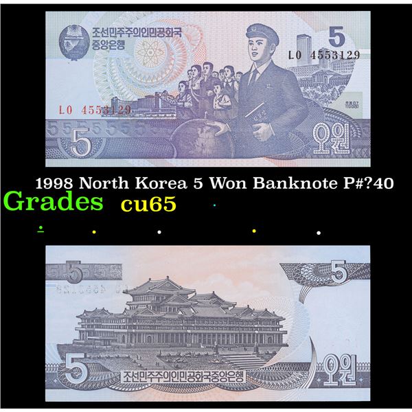 1998 North Korea 5 Won Banknote P#_40 Grades Gem CU