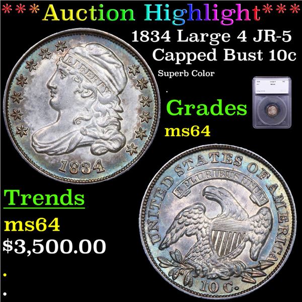 ***Auction Highlight*** 1834 Large 4 Capped Bust Dime JR-5 10c Graded ms64 BY SEGS (fc)