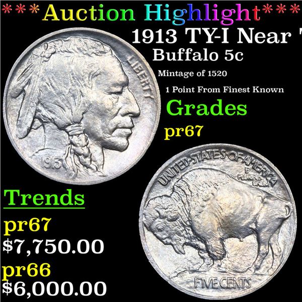 Proof ***Auction Highlight*** 1913 TY-I Buffalo Nickel Near TOP POP! 5c Graded pr67 By SEGS (fc)