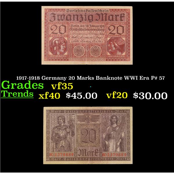 1917-1918 Germany 20 Marks Banknote WWI Era P# 57 Grades vf++