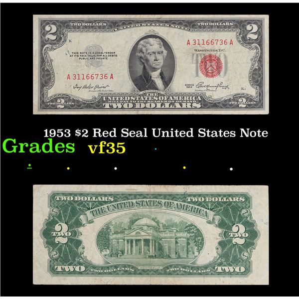 1953 $2 Red Seal United States Note Grades vf++