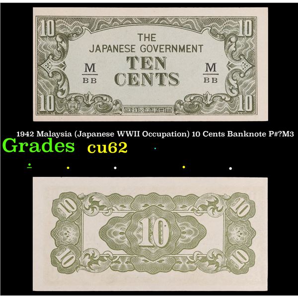 1942 Malaysia (Japanese WWII Occupation) 10 Cents Banknote P#_M3 Grades Select CU