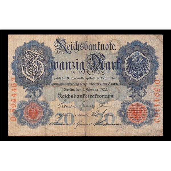 1908 Germany (Empire) 20 Marks Banknote P# 31 Grades vf+
