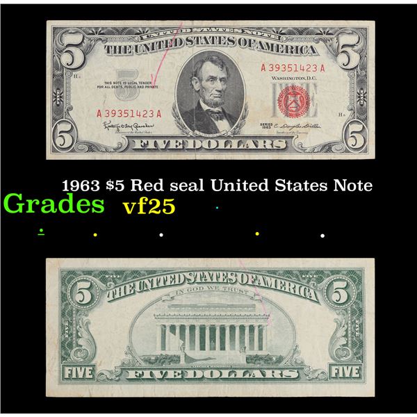 1963 $5 Red seal United States Note Grades vf+
