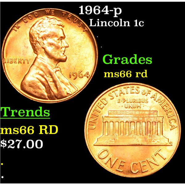 1964-p Lincoln Cent 1c Grades GEM+ Unc RD