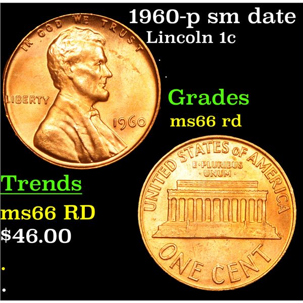 1960-p sm date Lincoln Cent 1c Grades GEM+ Unc RD