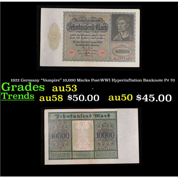 1922 Germany "Vampire" 10,000 Marks Post-WWI Hyperinflation Banknote P# 70 Grades Select AU