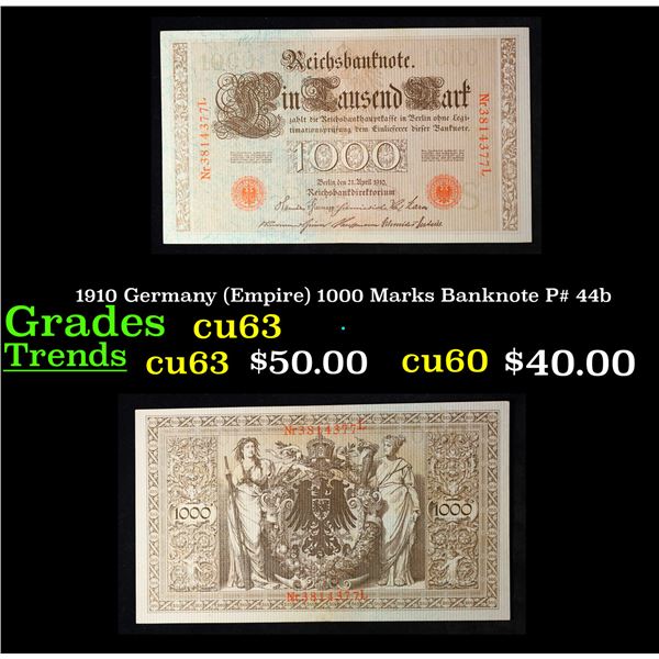 1910 Germany (Empire) 1000 Marks Banknote P# 44b Grades Select CU