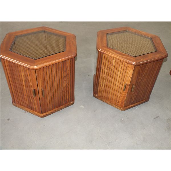 2 Glass Top Wooden End Tables