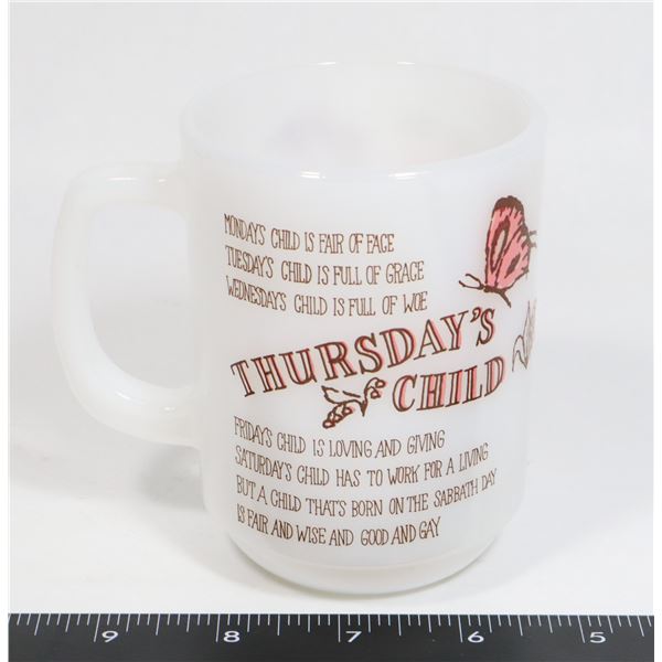 FIRE KING THURSDAY'S CHILD MILK GLASS COFFEE MUG