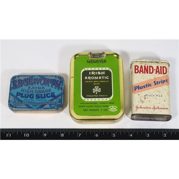 OLD TINS: BAND AID, EDGEWORTH, IRISH AROMATIC.