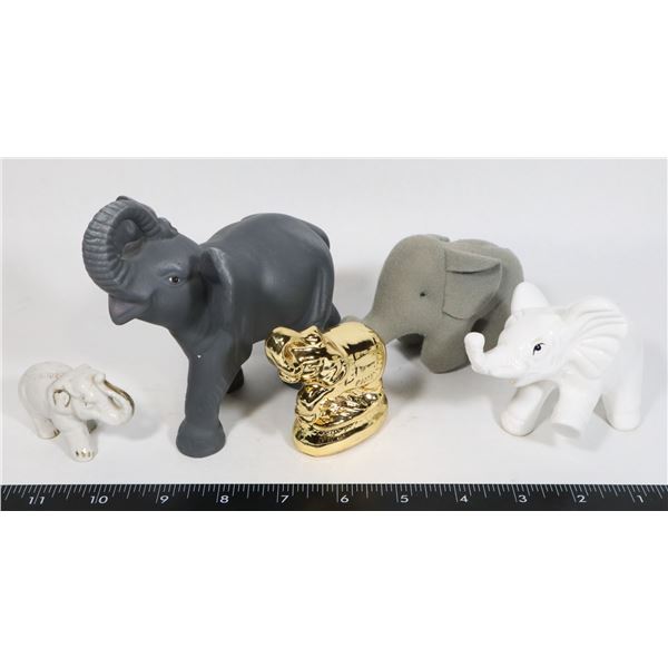 4 CERAMIC, 1 STUFFED ELEPHANTS -  TRUNKS UP 