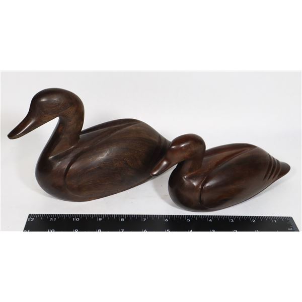 TWO CARVED SOLID HARDWOOD DUCKS