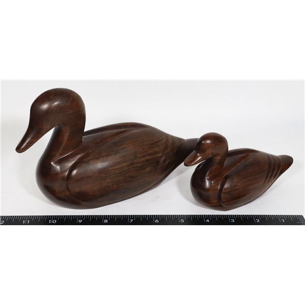 TWO CARVED SOLID HARDWOOD DUCKS