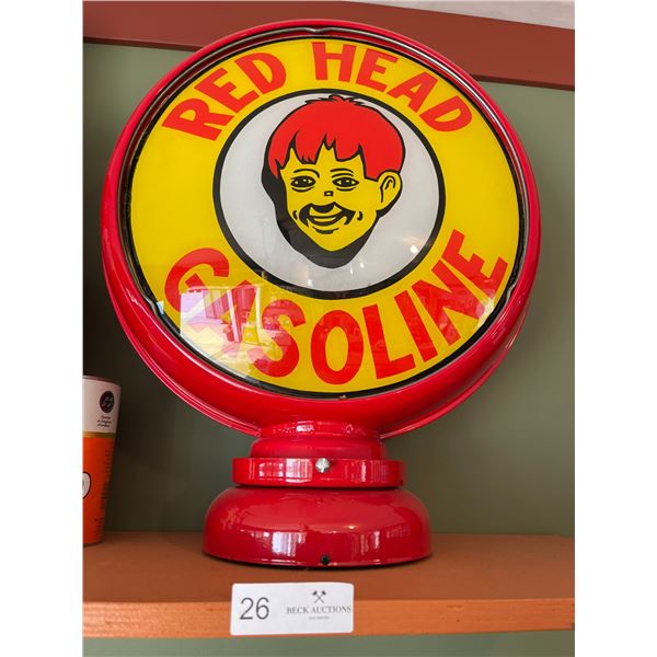 Red Head Gasoline Original Glass On Base - Holder is Repro - Small Chip on Rear Glass