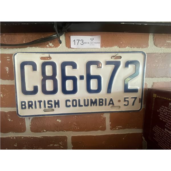 1957 British Columbia Liscence Plate