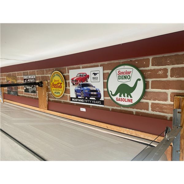 Three Assorted 12" hanging signs  Mustang, Coca-Cola & Sinclair Dino Gasoline