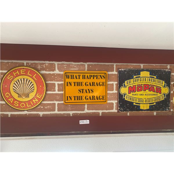 Three Hanging Garage Signs  Shell, MoPar & comical Garage signs (13'' round)