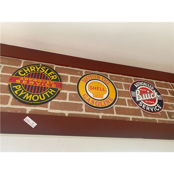 Three Round Reproduction Signs 13"  Chrysle, Shell, & Buick