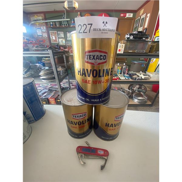 Three Texaco Havoline SAE 10W-30 Cans of Motor Oil and Texaco Multi Use knife