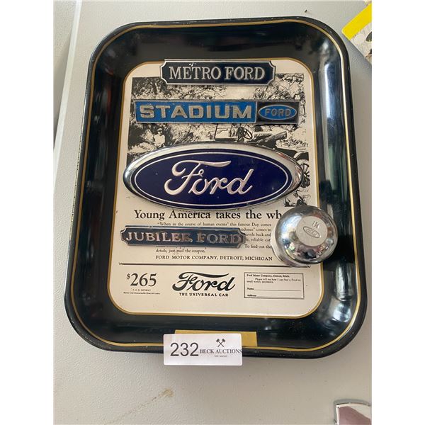 Collection of Various Ford emblems w/hitch and collectors tray