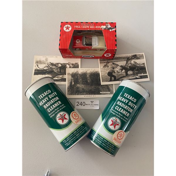 Two Texaco Radiator Cleaner quartz w/ 1955 Chevy Bel-Air Mini Car & Three Vintage post cards