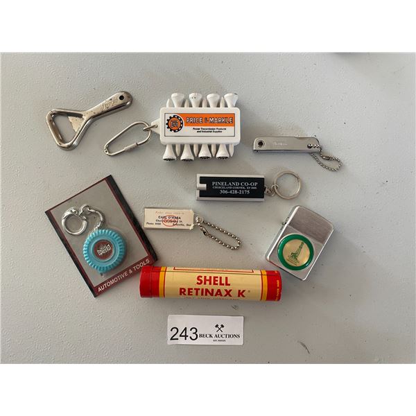 Southwestern Petroleum Corp Zippo,Shell Retinax K, Multiple Key Chains & Bottle Opener