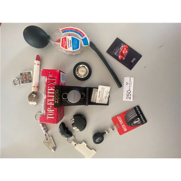 Multiple Collection of garage supplies  Tire Gauge, Zippo keychain, antifreeze tester, screwdriver