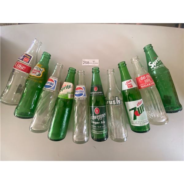 Ten Various Collectible Bottles  Sprite, 7up, Crush, Pepsi, Canada Dry, Coke