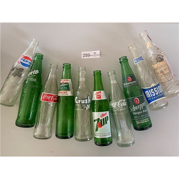 Ten Collectible Pop Bottles  Pepsi, Sprite, Coca-Cola, Schwepes, Crush, Diet 7-Up, Mission, Suncrest