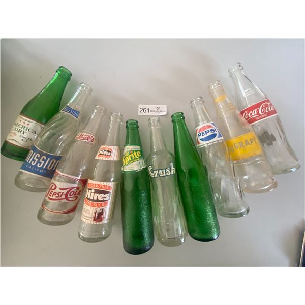 Ten assorted Pop Bottles for any collector  Coca-cola, pepsi, Crush, Diet Sprite, Hires Rootbeer