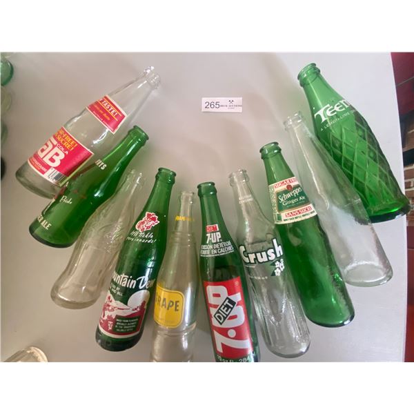 Ten various pop bottles collection  Tab, Mountain Dew, Grape, Diet 7-up, Crush, Schweppes, Teem