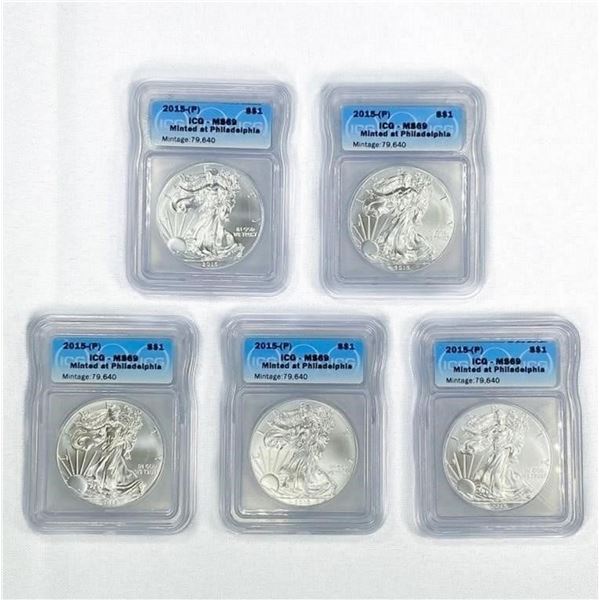 (5) 2015-P American Silver Eagle ICG-MS69 RARE P